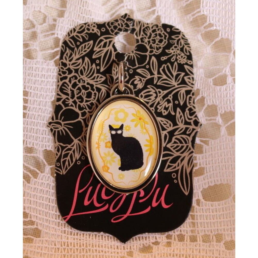 New Signed Lucy Lu One of a Kind Black Cat Kitten w/ Glasses Yellow Floral Charm